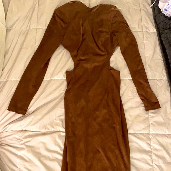 House of CB London Brown Suede Maxi Dress High Neck Cutout Slit Tan Zipper back - Picture 14 of 17